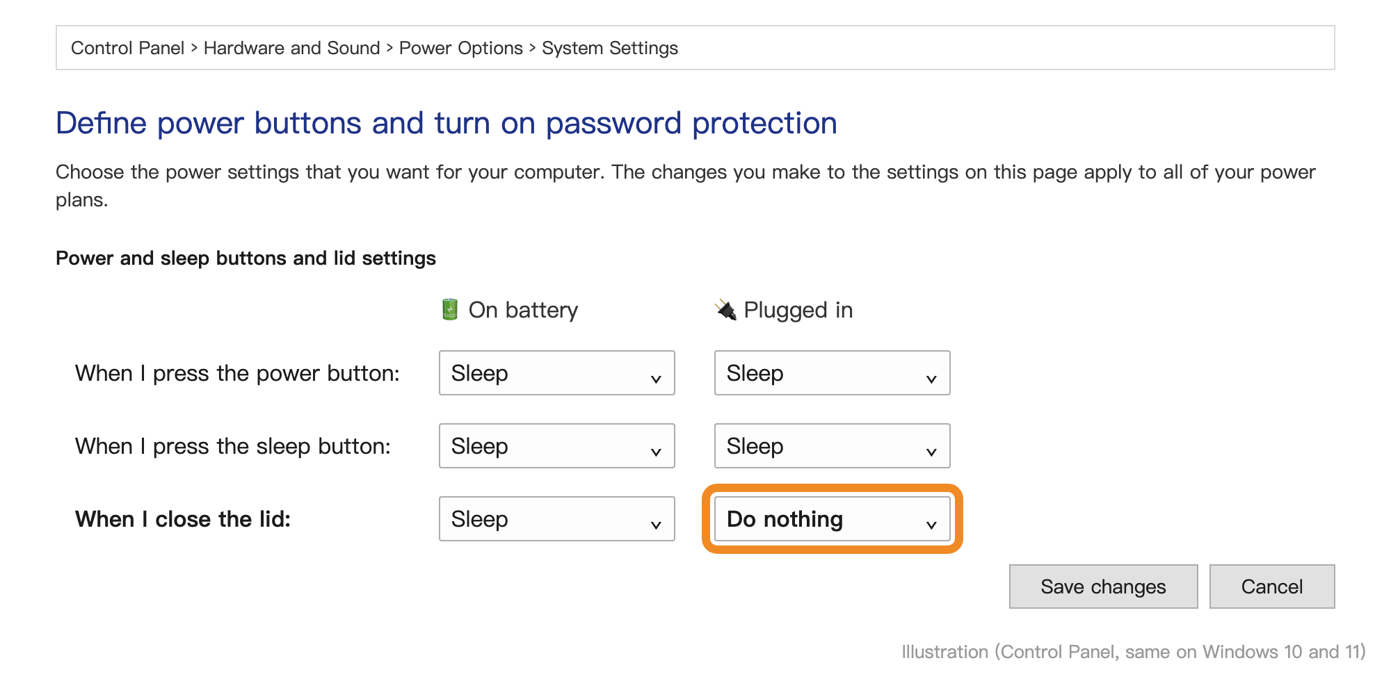 Power Options with “When I close the lid” set to Do nothing when plugged in